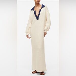 NWT STAUD Altea Ivory Knit Maxi Dress with Navy Johnny Collar